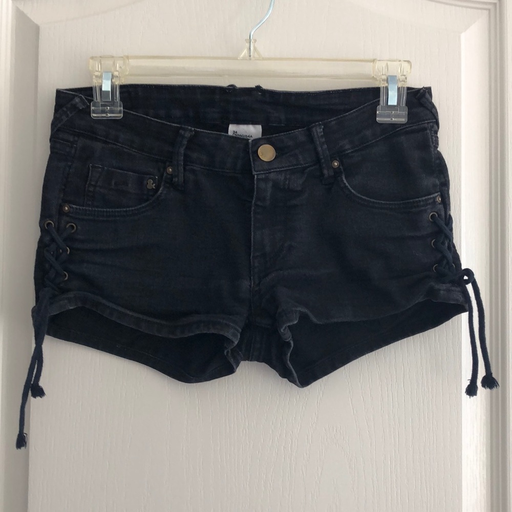 Lace up black denim shorts